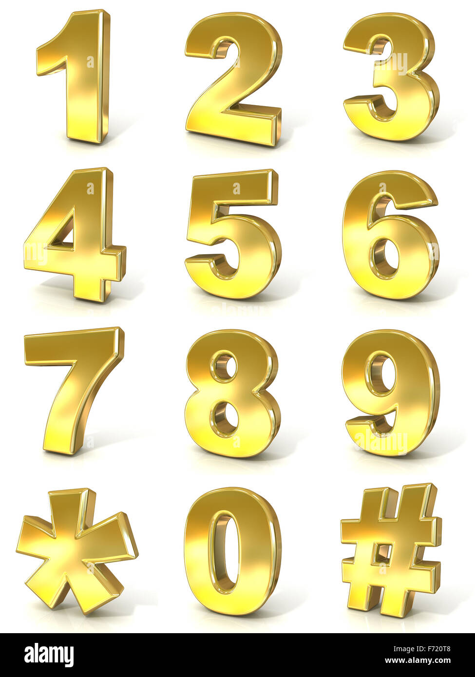 Numerical digits collection, 0 - 9, plus hash tag and asterisk. 3D golden signs isolated on white background. Render illustratio Stock Photo