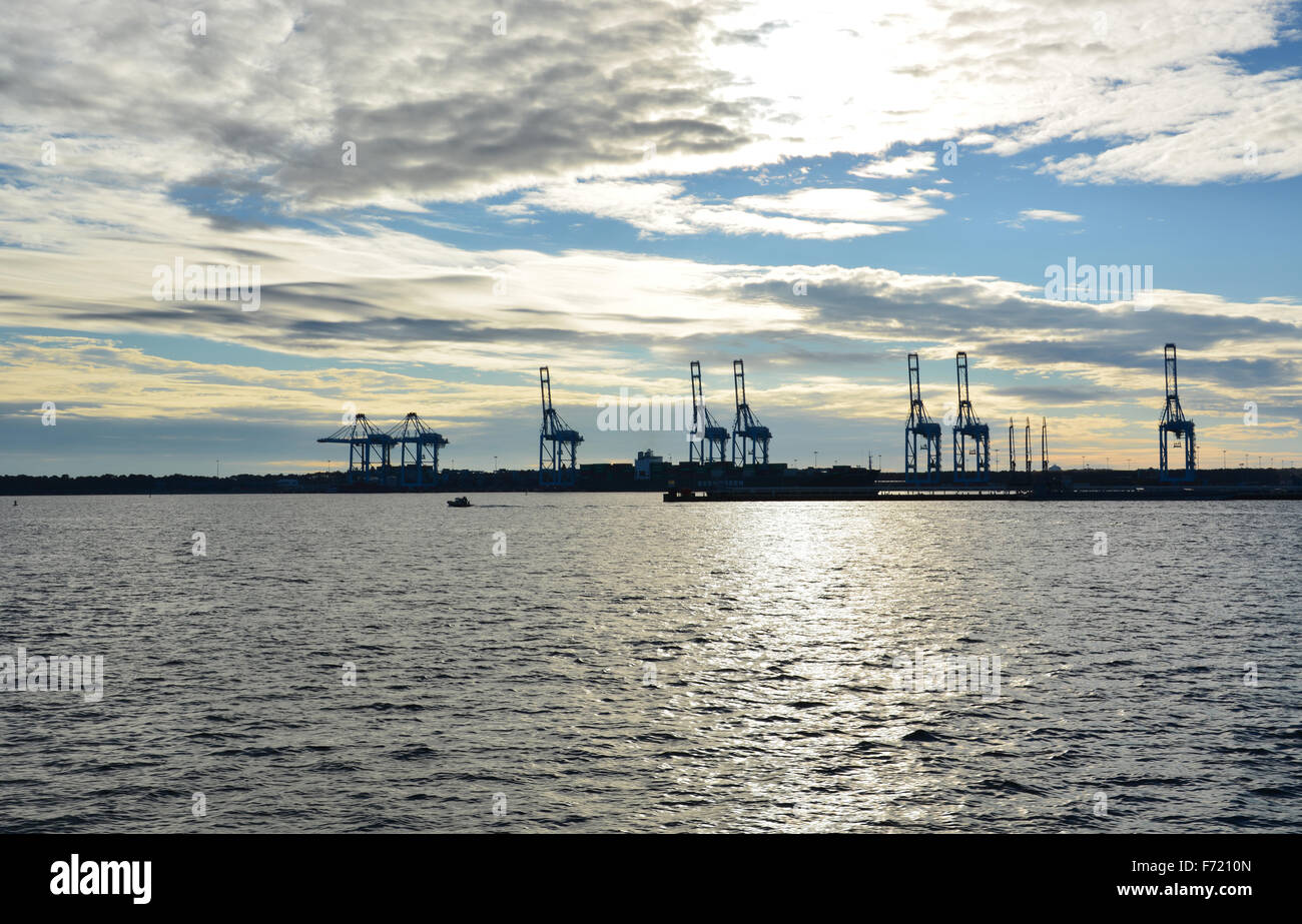 Idle cargo container ship cranes in the Port of Virginia, Norfolk USA