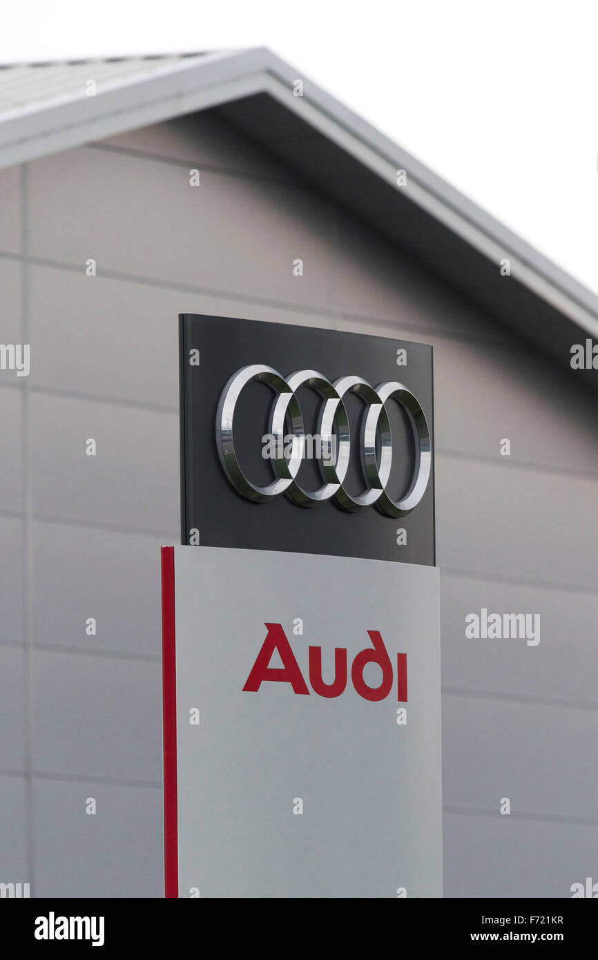 Audi car garage sign logo in Swansea, South Wales. Stock Photo