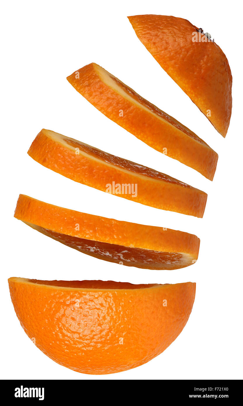 Orange with floating slices Isolated on on white background with Clipping Path Stock Photo