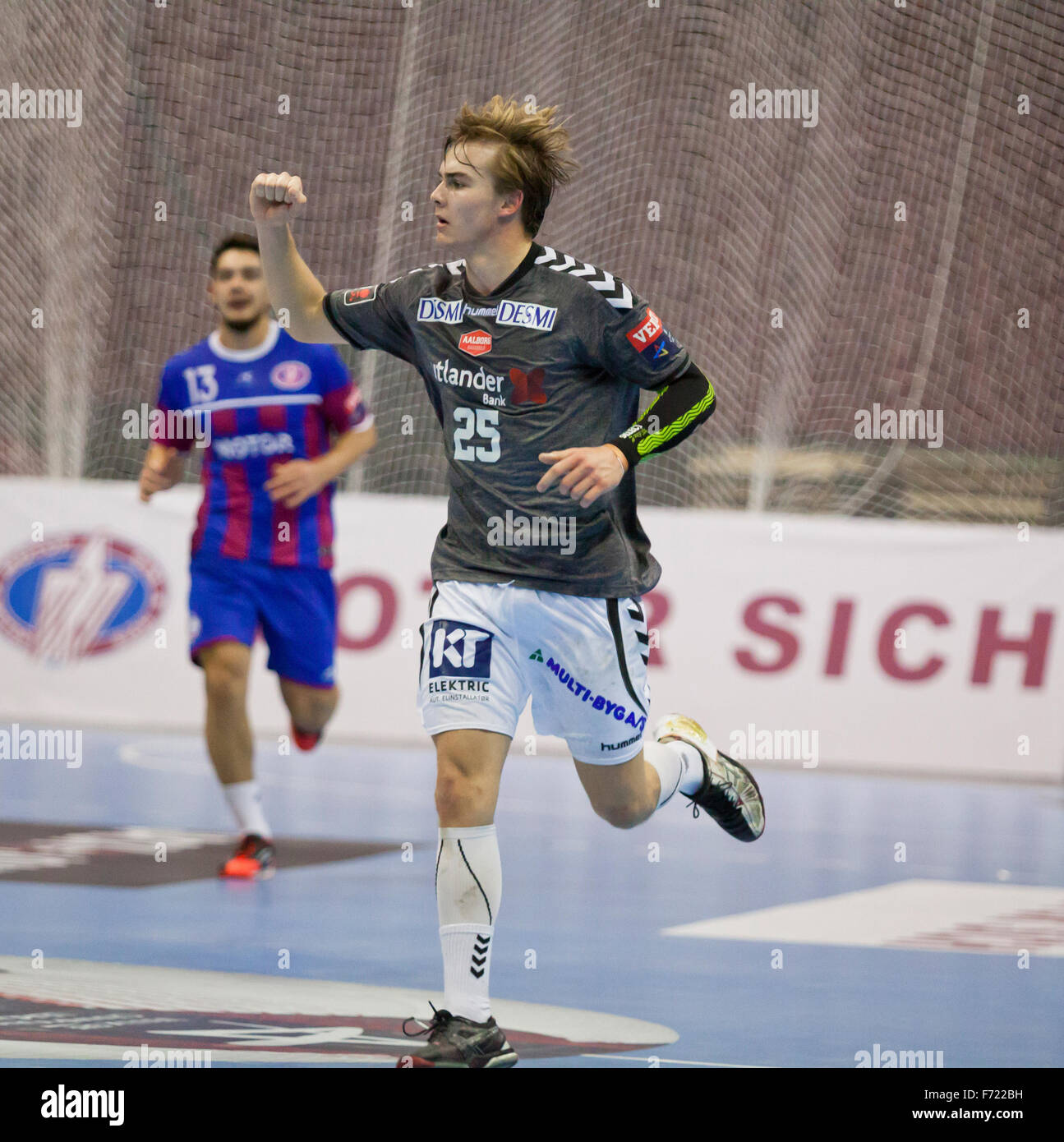 KYIV, UKRAINE - OCTOBER 18, 2014: Christian Jensen of Aalborg reacts after scored against Motor during their European Handball Champions League game Stock Photo