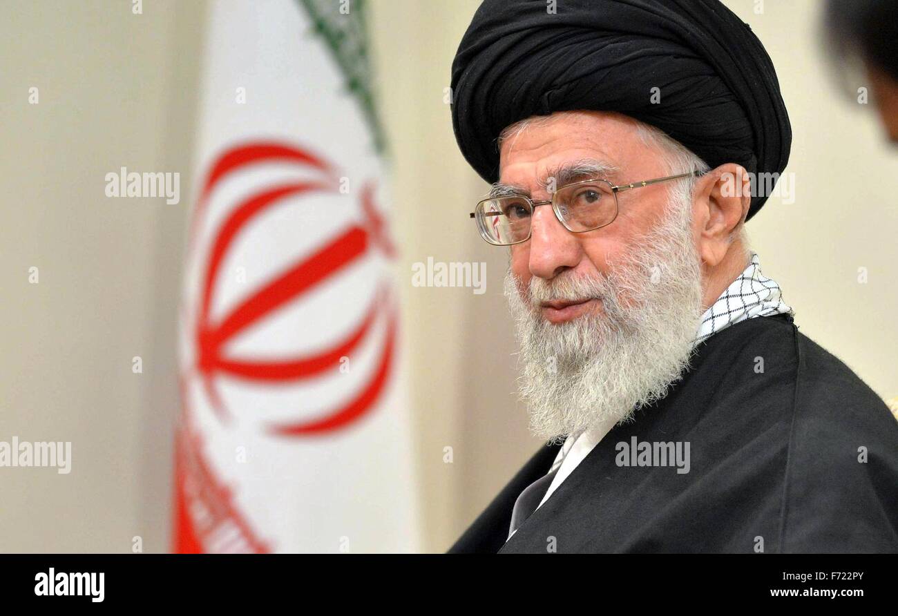 Supreme Leader of the Islamic Republic of Iran Ali Khamenei during a meeting with Russian President Vladimir Putin November 23, 2015 in Tehran, Iran. Stock Photo