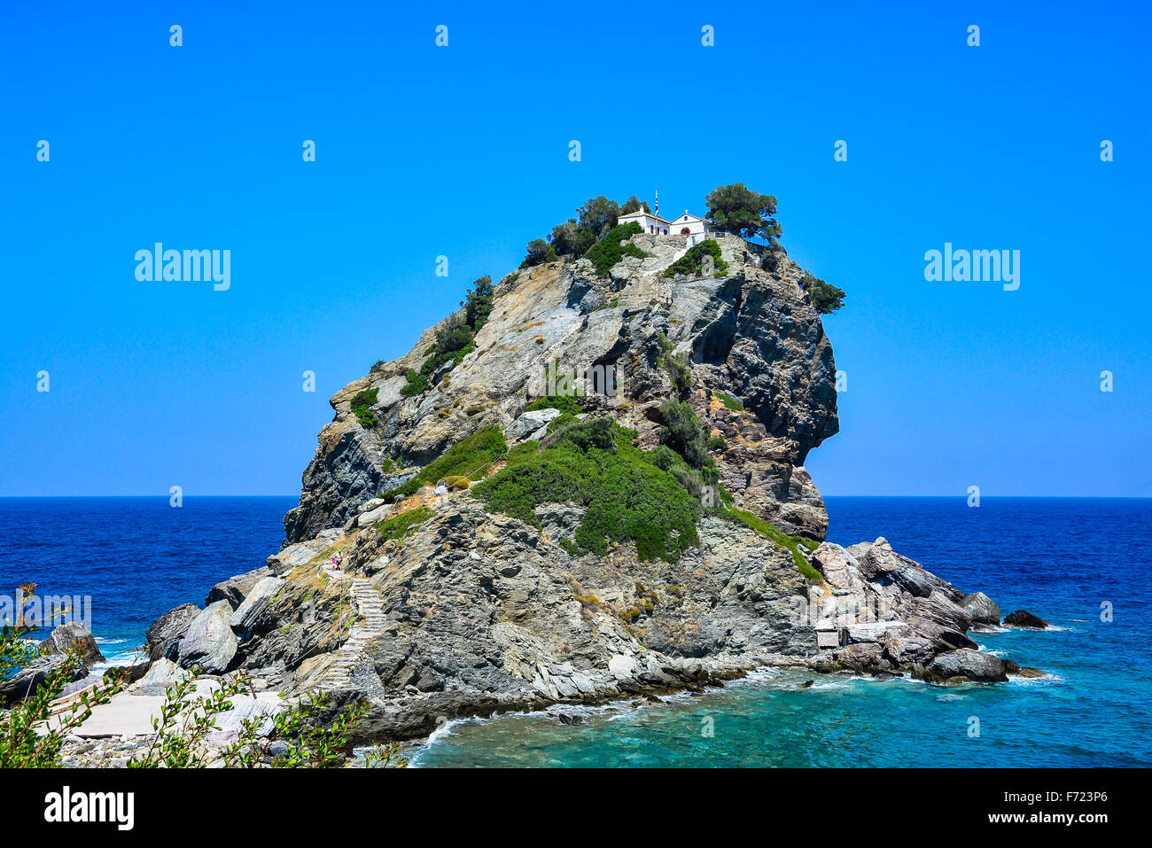 Mamma Mia church on top of a cliff Stock Photo - Alamy