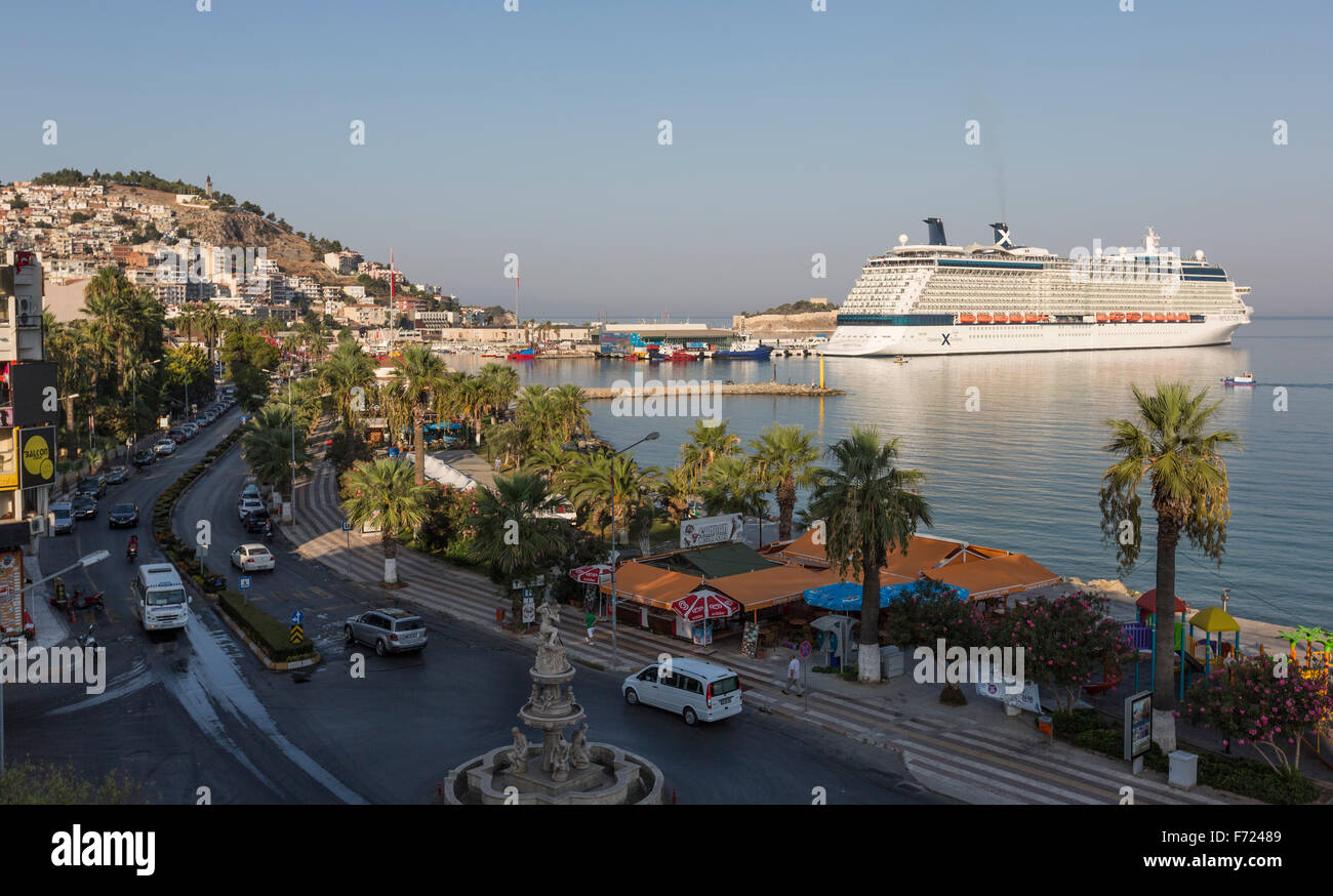 Atatürk Boulevard with Celebrity Reflection Cruise in Kuşadası harbor, Aydın, Turkey Stock Photo