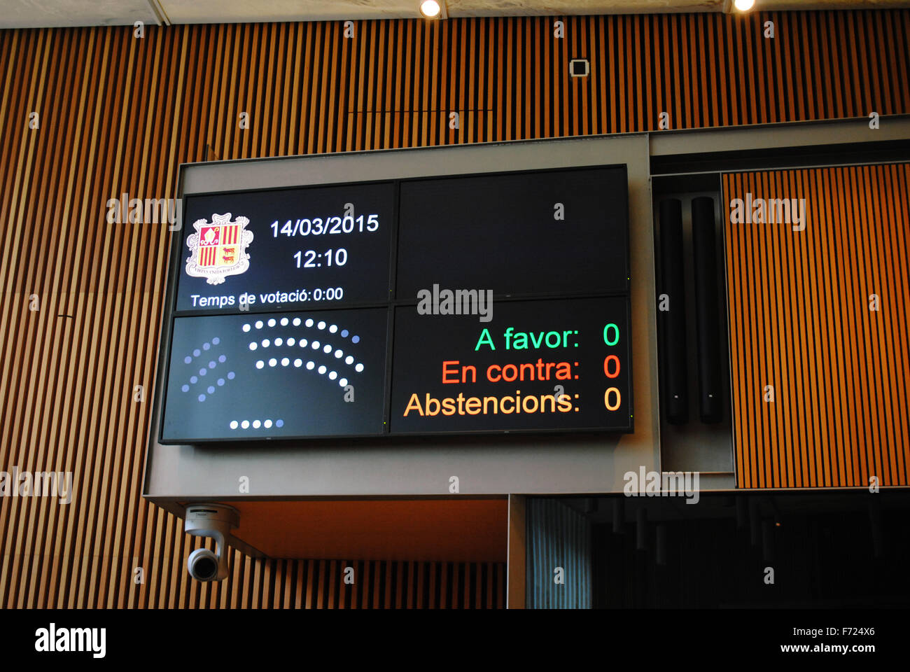 The voting display board in the new parliament building of the Principality of Andorra. Stock Photo