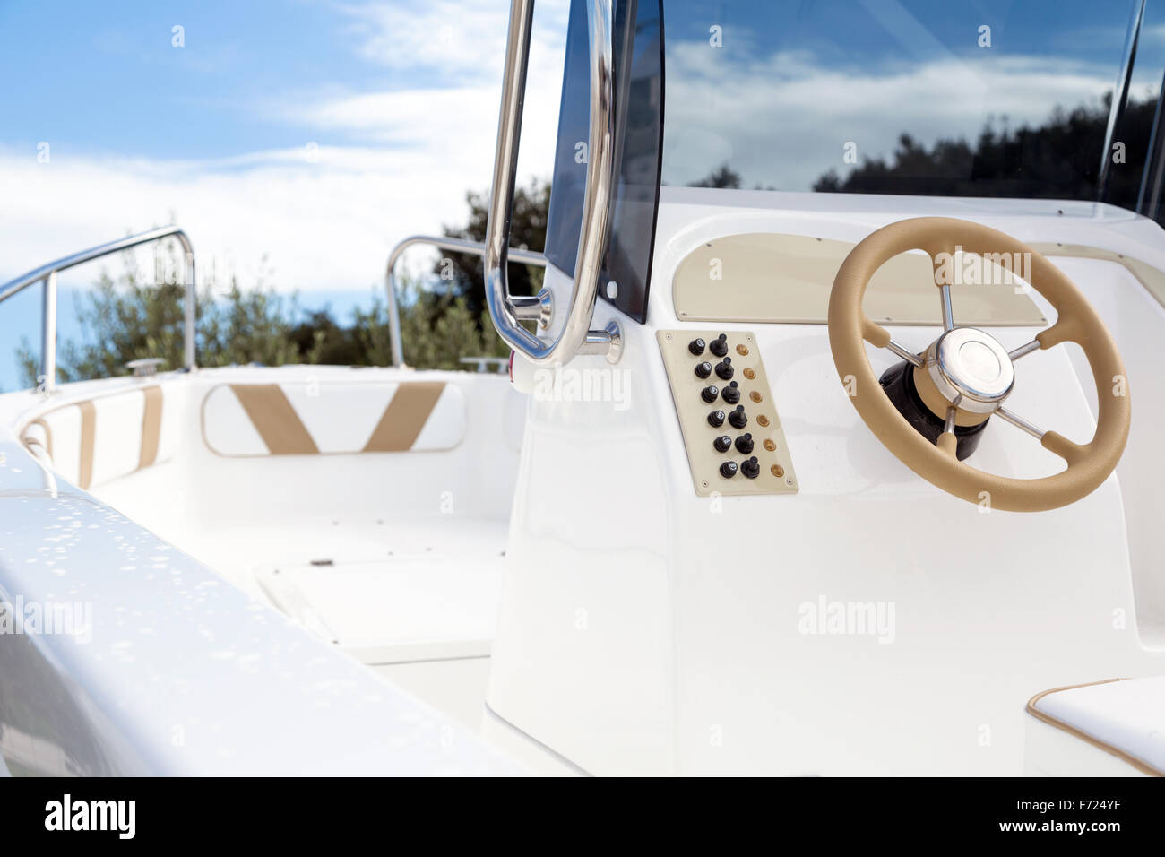 Instrument panel and steering wheel of a motor boat Stock Photo Alamy