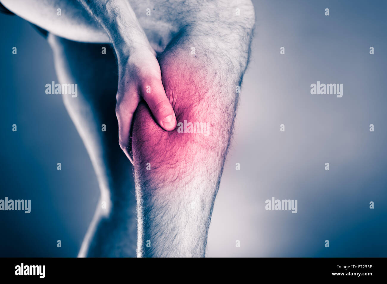 Calf pain, physical injury. Male leg and muscle pain from running or training, sport physical injuries when working out. Stock Photo