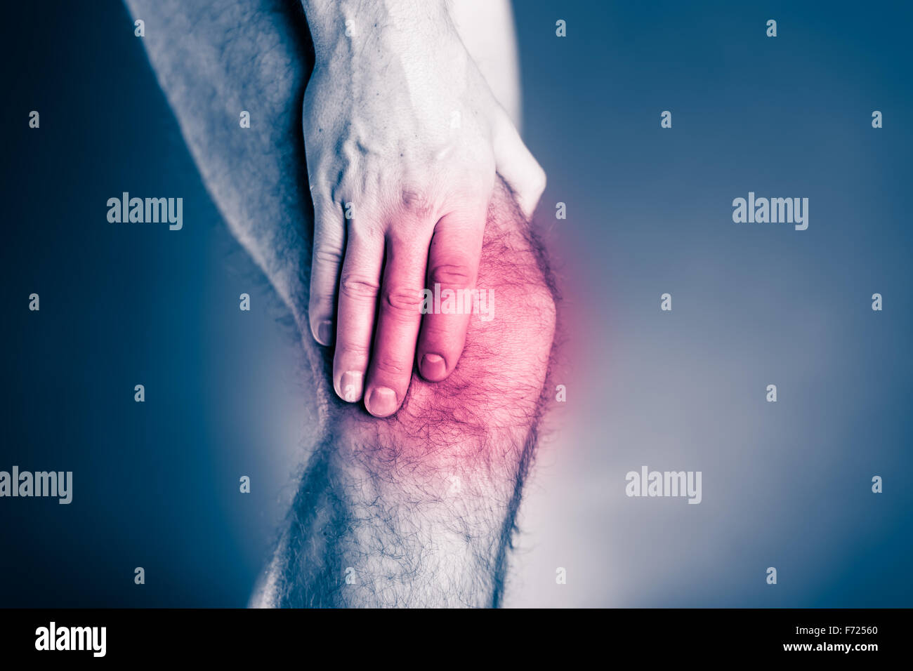 Knee pain, physical injury. Male leg and muscle pain from running or training, sport physical injuries when working out. Stock Photo