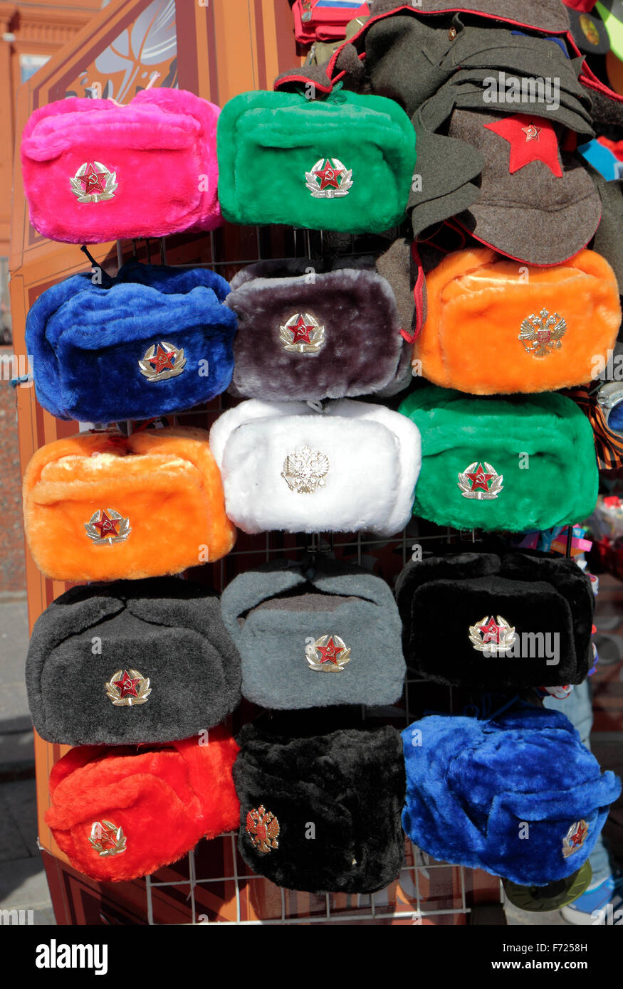 Assorted ushanka hats in different colours on a stall near Red Square in Moscow, Russia. Stock Photo