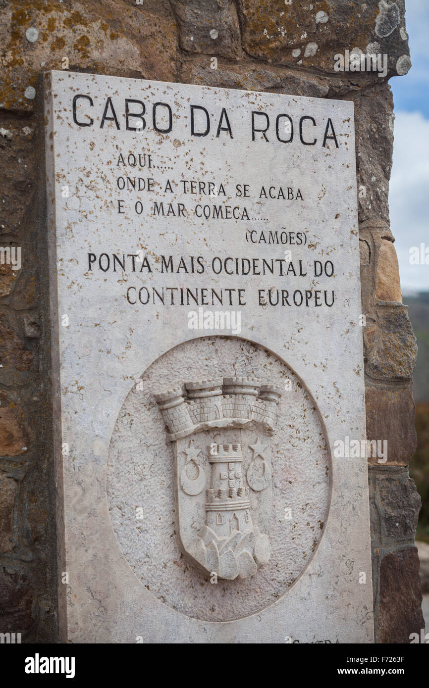 Cabo Da Roca Sign A placard at Cabo da Roca, Europe's westernmost point Stock Photo - Alamy