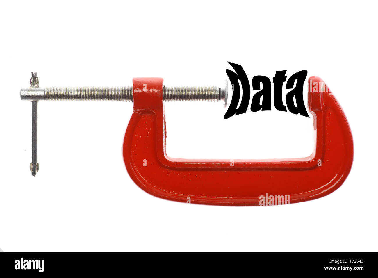 The word "data" is compressed with a vice. Stock Photo