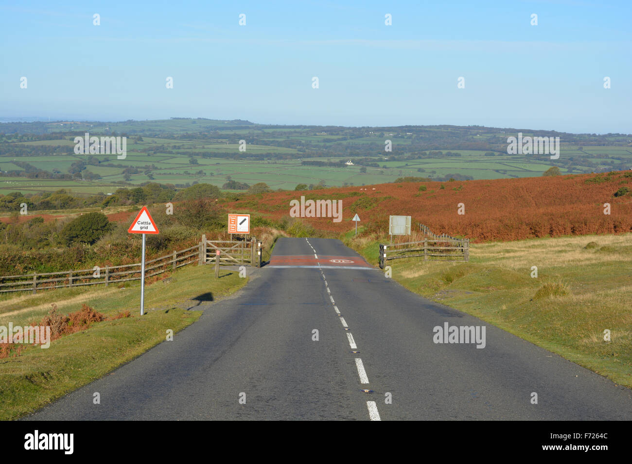 Pork Hill with cattle grid at exit to Dartmoor National Park, looking