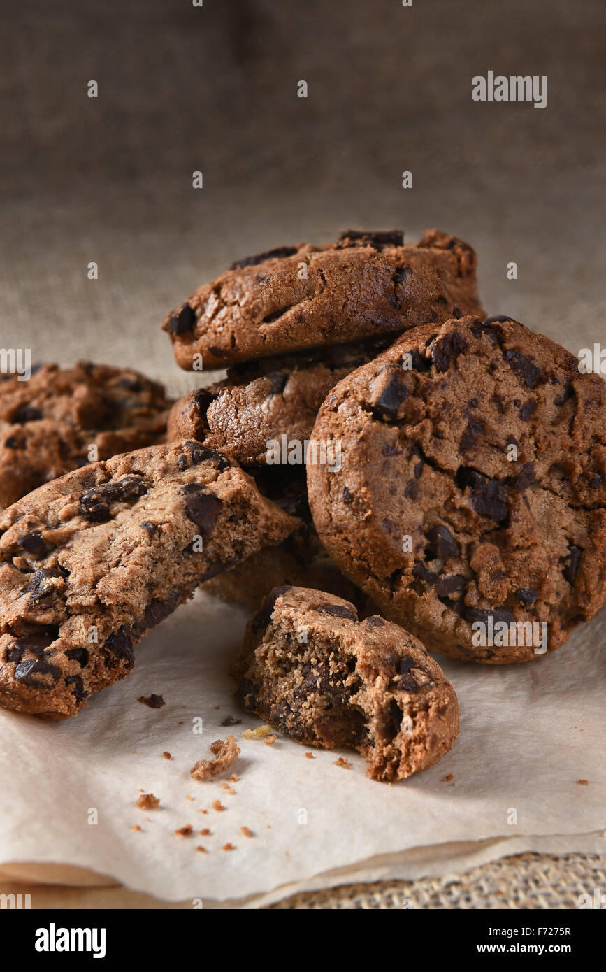 Closeup of a pile of chocolate chocolate chip cookies. Stock Photo