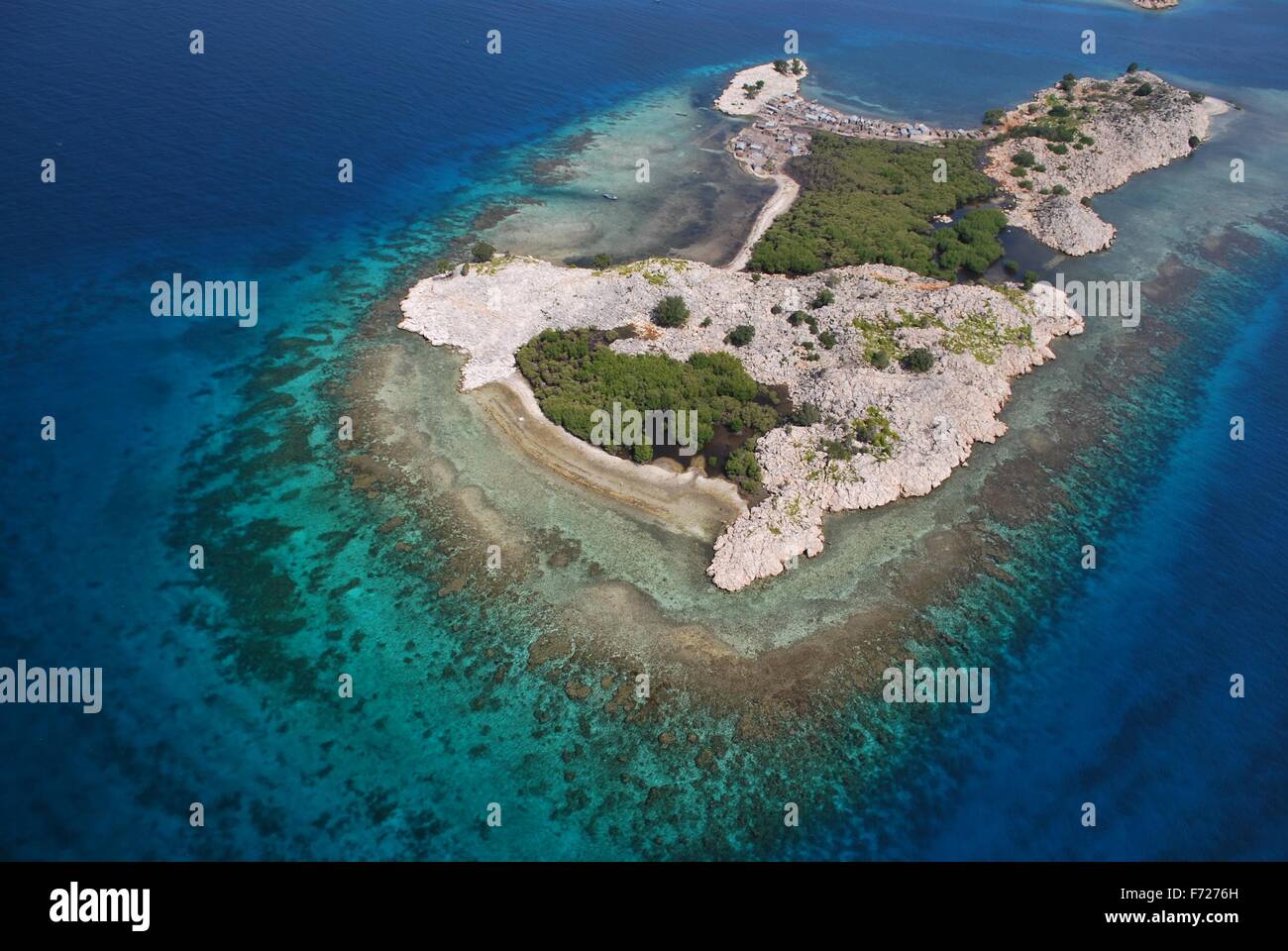 Aerial view of corals reefs and mangroves along the coast of Ti-Gonave Island, Haiti. Stock Photo
