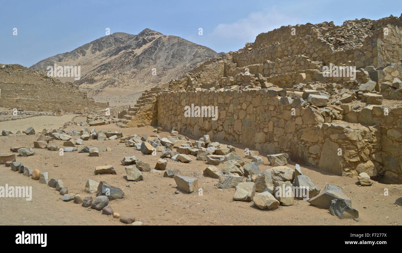 Caral, an ancient archaeological site on the desert coast of Peru, approximately 200km north of Lima. Stock Photo