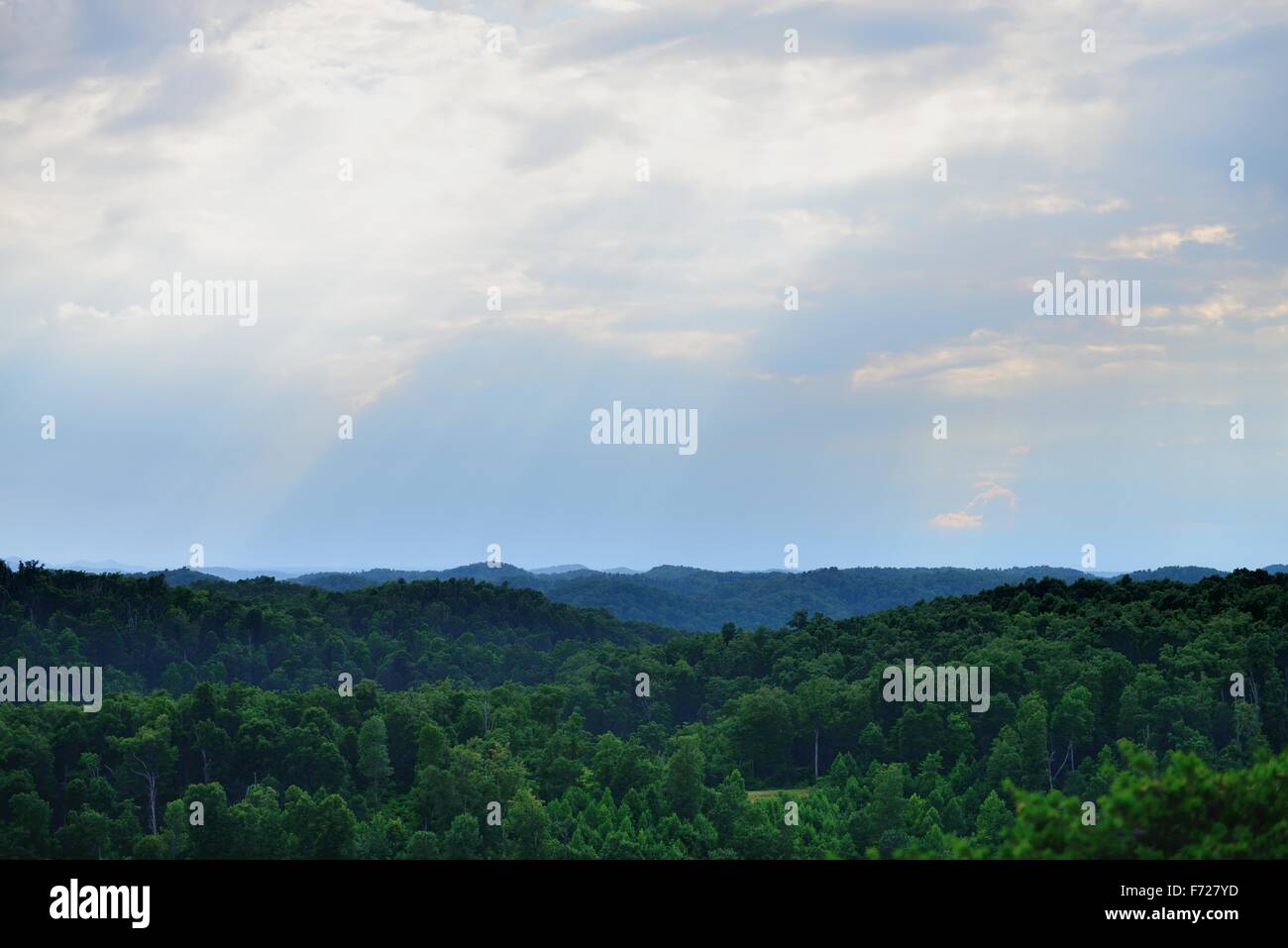 An amazing evening sky with rays of light shining through above a green forest with a lake in the center. Stock Photo
