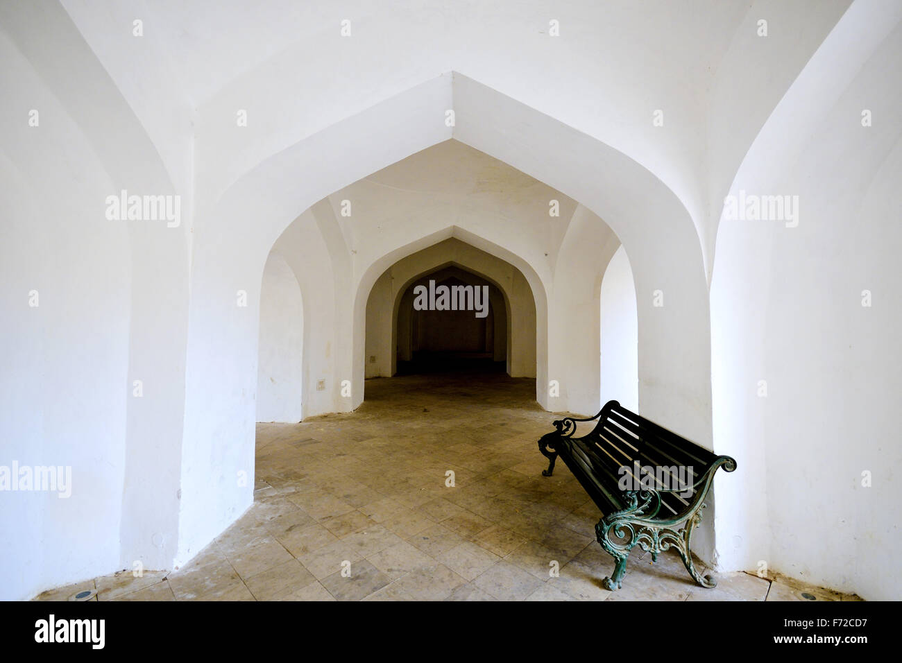 cast iron bench in corridor, amer fort, jaipur, rajasthan, india, asia Stock Photo