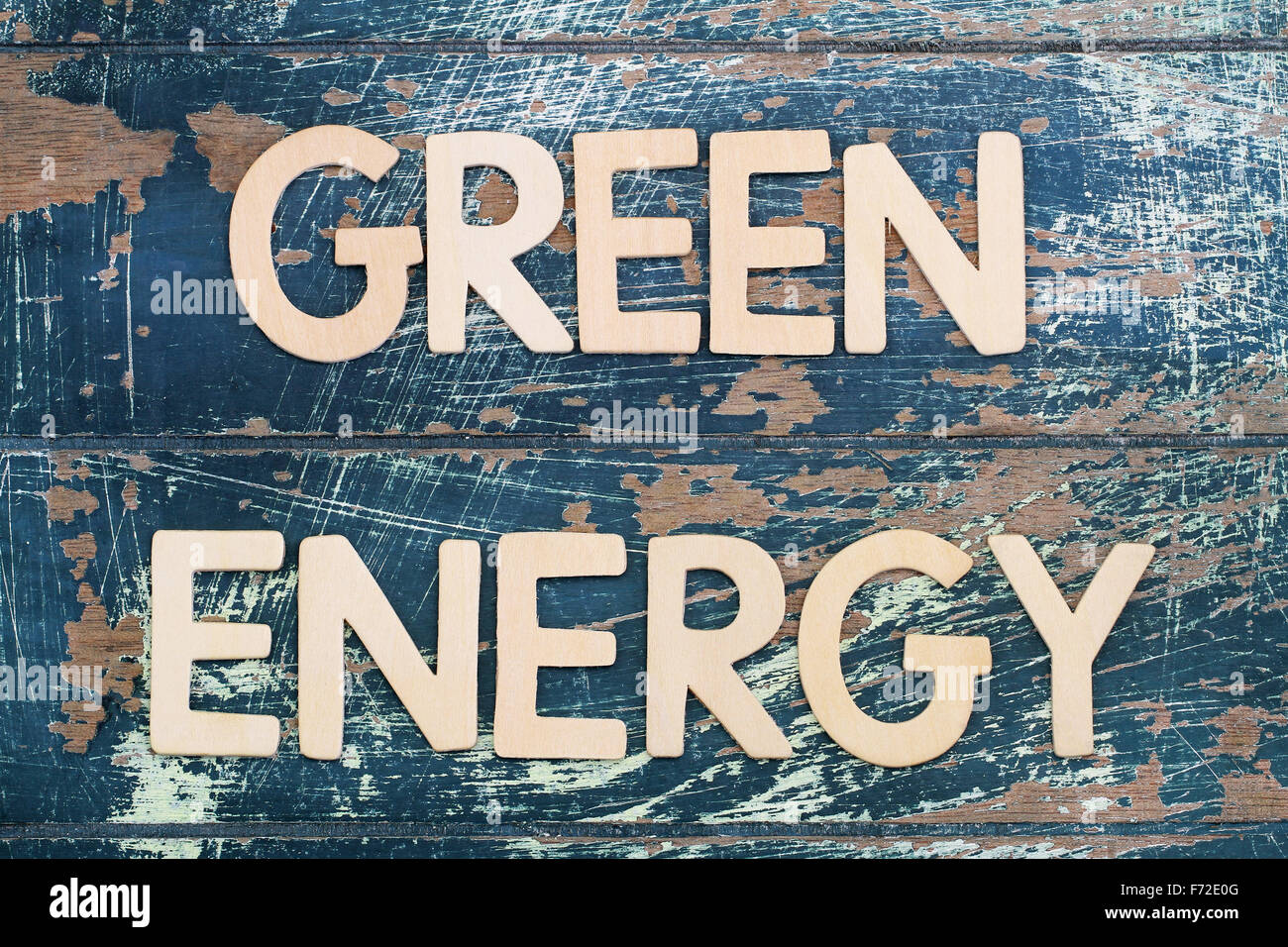 Green energy written with wooden letters on rustic surface Stock Photo