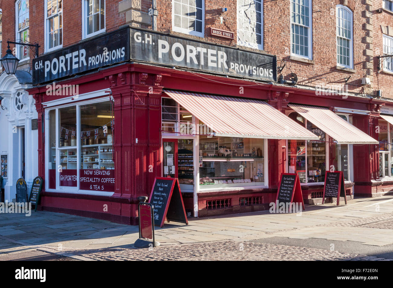 Traditional butcher's shop with awning. Porter Provisions in Newark on Trent, Nottinghamshire, England, UK Stock Photo