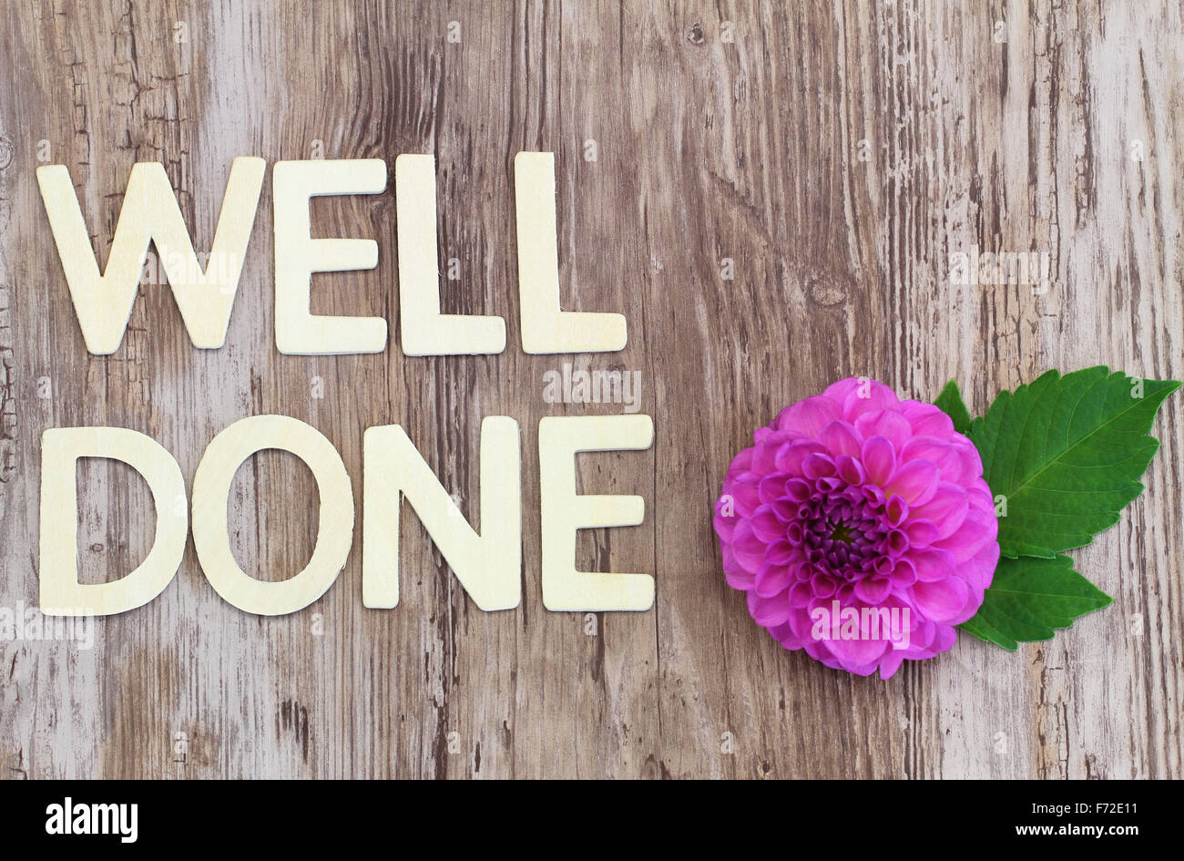 Well done written with wooden letters on rustic surface and dahlia flower Stock Photo