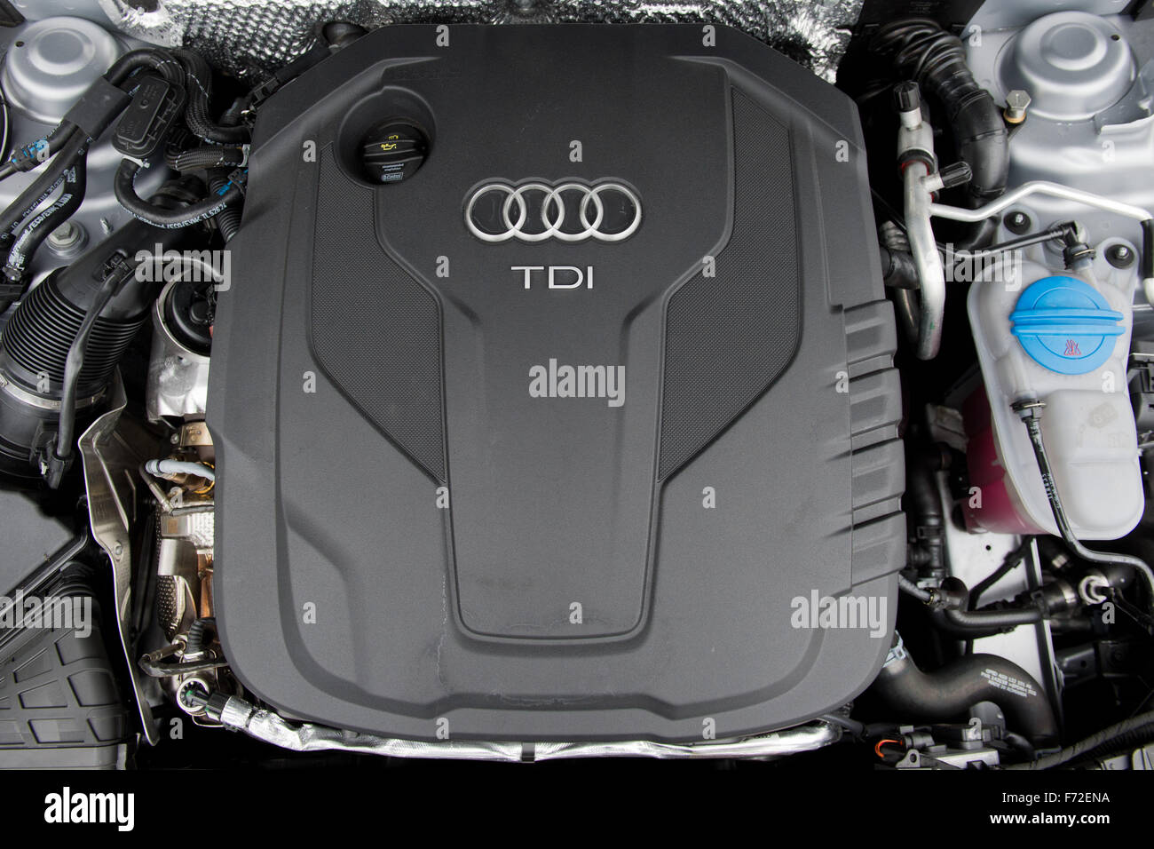 Wolfsburg, Germany. 7th Oct, 2015. A TDI diesel engine in an Audi, pictured in Wolfsburg, Germany, 7 October 2015. Up to 11 million vehicles in the Volkswagen group are apparently affected by the emissions scandal. PHOTO: JULIAN STRATENSCHULTE/DPA/Alamy Live News Stock Photo