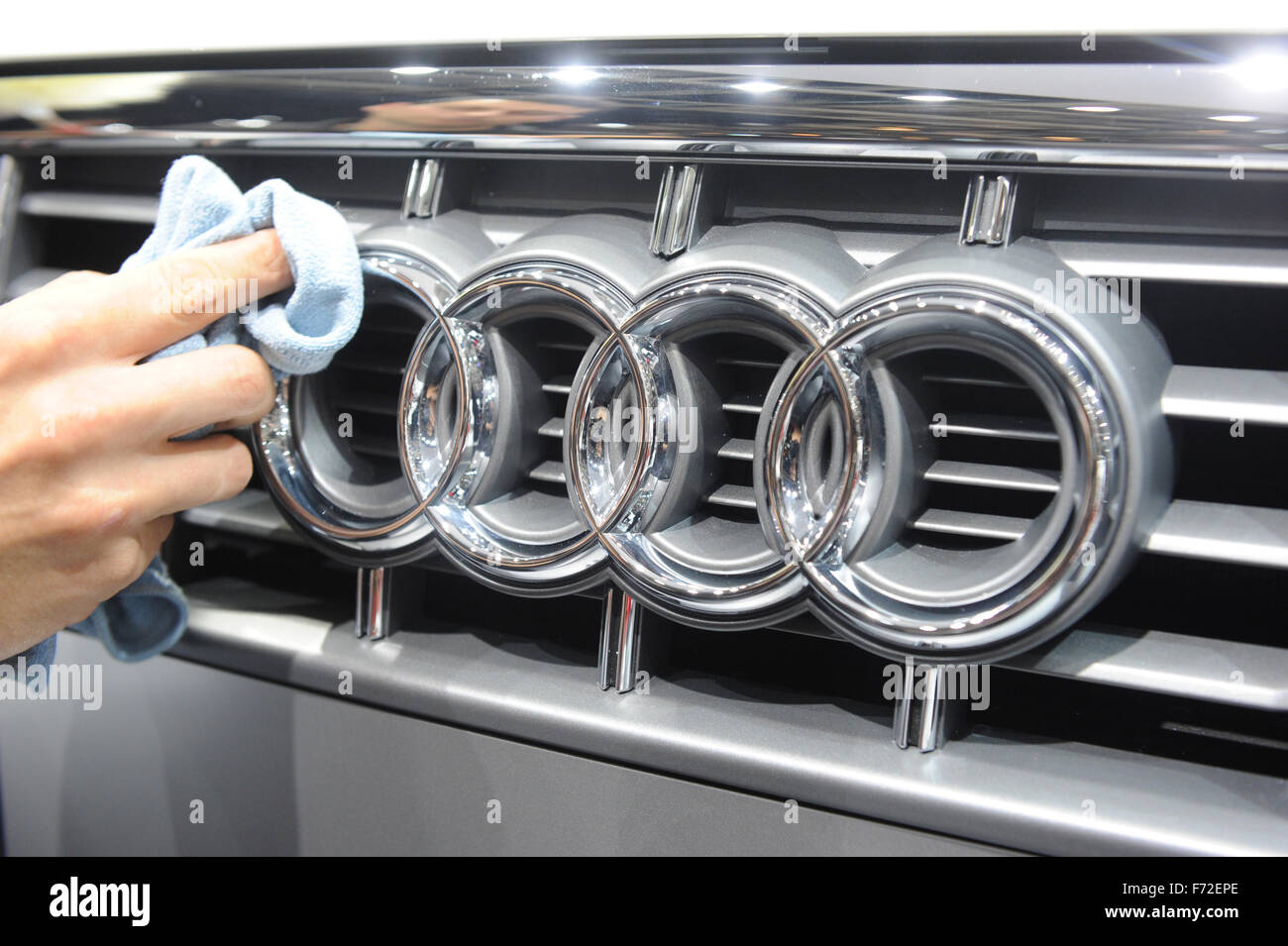 Paris, France. 02nd Oct, 2008. A person wipes off the front of an Audi S4 ahead of the Paris Motor Show in Paris, France, 02 October 2008. The biennial auto show presents the latest trends from 04 to 19 October. Photo: ULI DECK/dpa/Alamy Live News Stock Photo