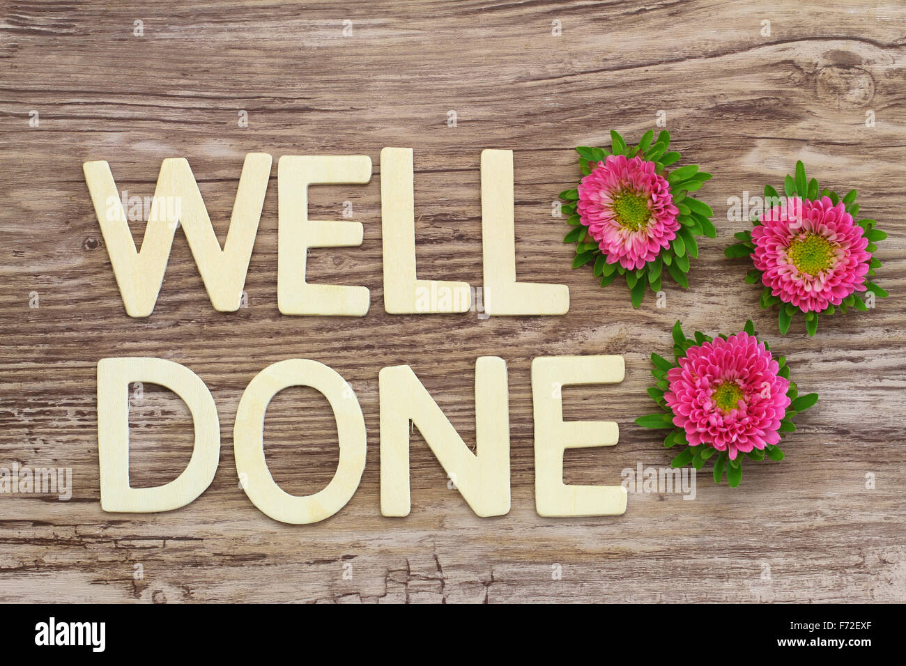 Well done written with wooden letters and pink daisy flowers Stock Photo