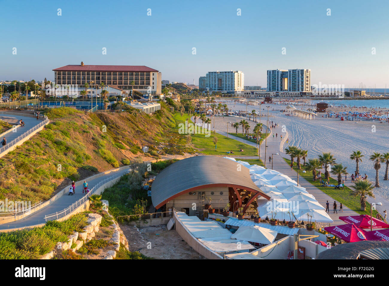 The beach, hotels and condos in Herzliya, Israel, Middle East Stock