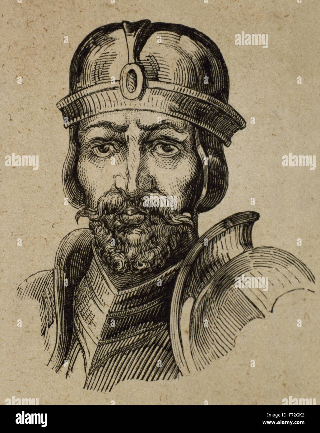 Roderic (died 711 or 712). Visigothic King of Hispania for a brief period between 710-712. Portrait. Engraving. Stock Photo