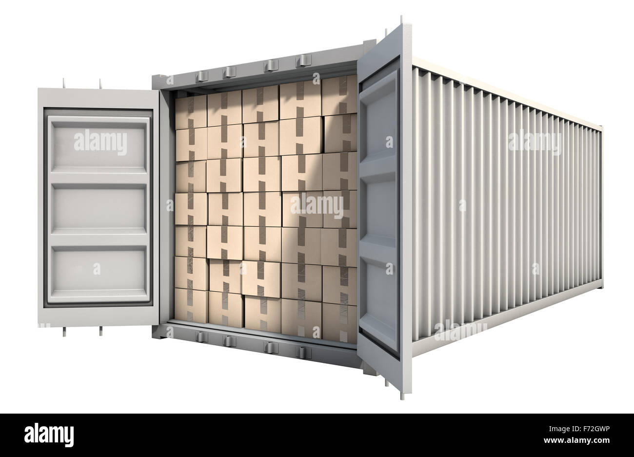 An open shipping container packed with cardboard boxes on an isolated white background Stock Photo