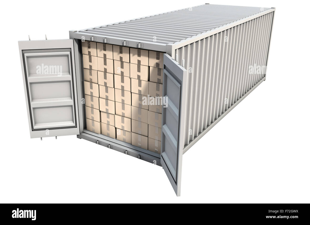 An open shipping container packed with cardboard boxes on an isolated white background Stock Photo