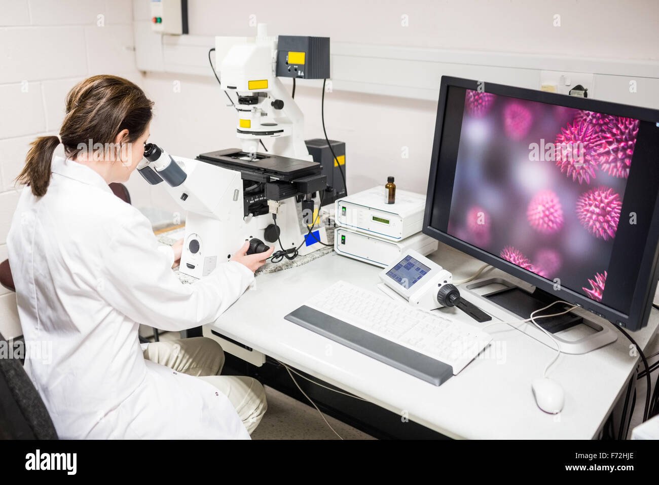 Scientist looking through a microscope Stock Photo