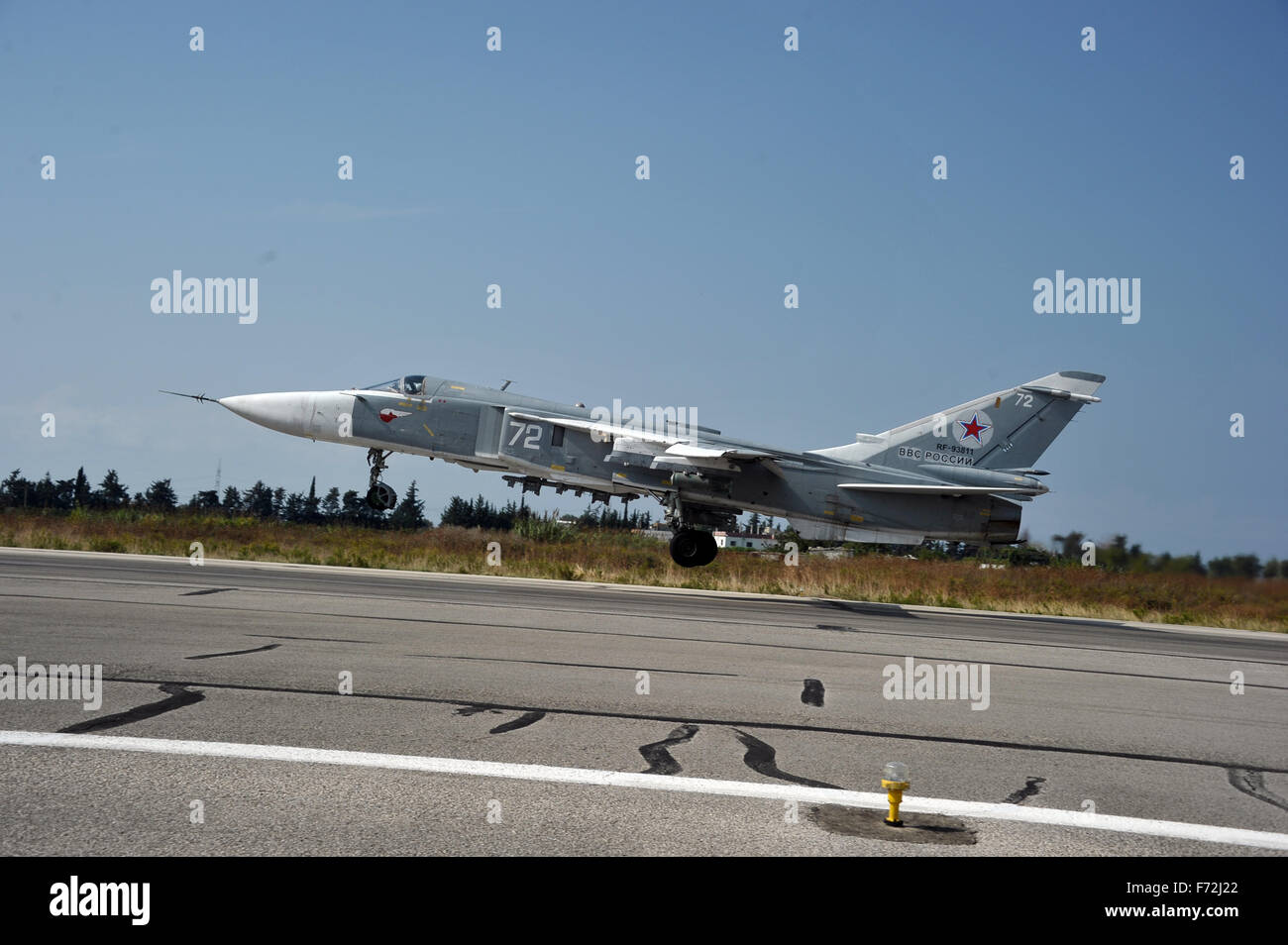 FILE PHOTOS: Latakia. 21st Oct, 2015. Photo taken on Oct. 21, 2015 shows Russian Sukhoi Su-24 taking off from the Hmeymim airbase in the Latakia province, Syria. The Russian Defense Ministry on Tuesday confirmed that a Su-24 warplane crashed in Syria. Credit:  Sputnik/Xinhua/Alamy Live News Stock Photo