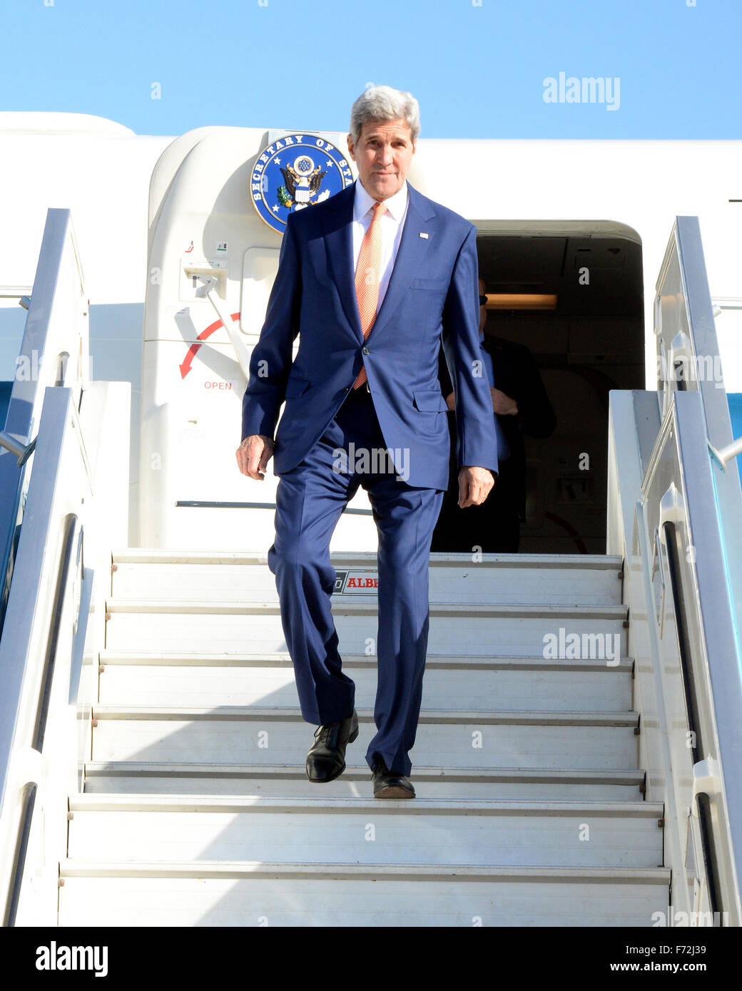 Tel Aviv, Israel. 24th Nov, 2015. Visiting U.S. Secretary of State John Kerry arrives at Ben Gurion Airport near Tel Aviv, Israel, on Nov. 24, 2015. Kerry arrived here on Tuesday morning to pay a visit to Israel and the West Bank in hopes of curtailing the two-month long wave of violence. Credit:  U.S. Embassy to Israel/Matty Stern/Xinhua/Alamy Live News Stock Photo