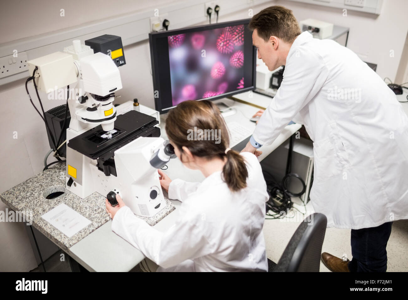 Scientist looking through a microscope Stock Photo