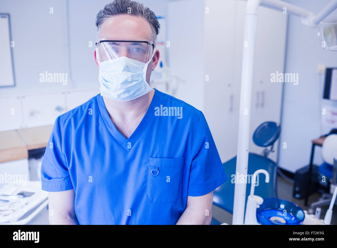 Dentist wearing surgical mask and safety glasses Stock Photo Alamy