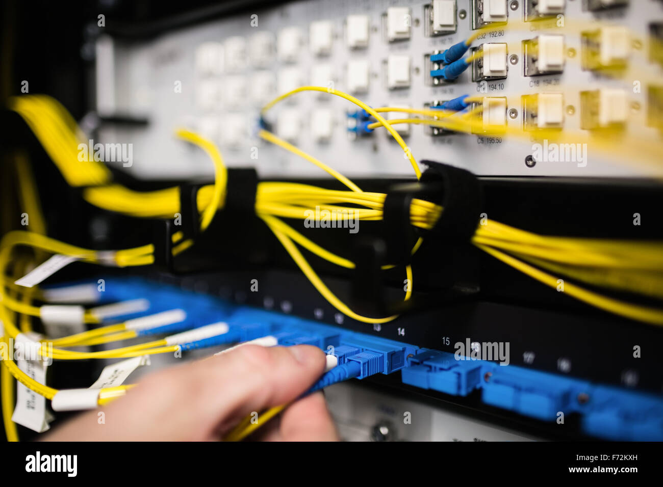 Technician inserting wire to server Stock Photo