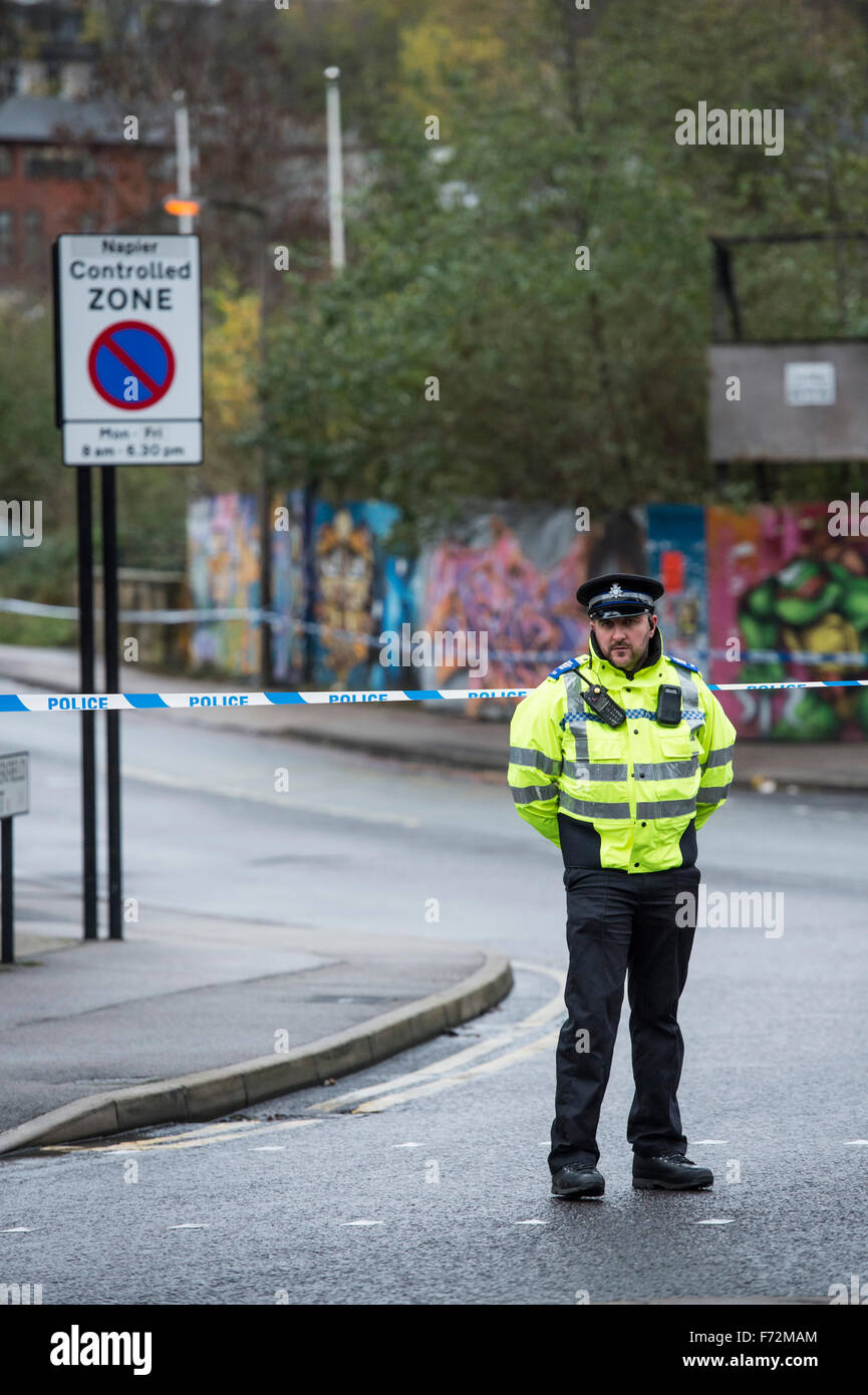 Sheffield, UK. 24th Nov, 2015. Police corden on Summerfield Street, Sheffield, after the body of a women was found in the Porter Brook. South Yorkshire Police are still searching for a missing Sheffield Hallam University student, Caroline Everest, who disappeared in the early hours of Sunday morning after leaving the Corporation night club in the city. Credit:  Mark Harvey/Alamy Live News Stock Photo