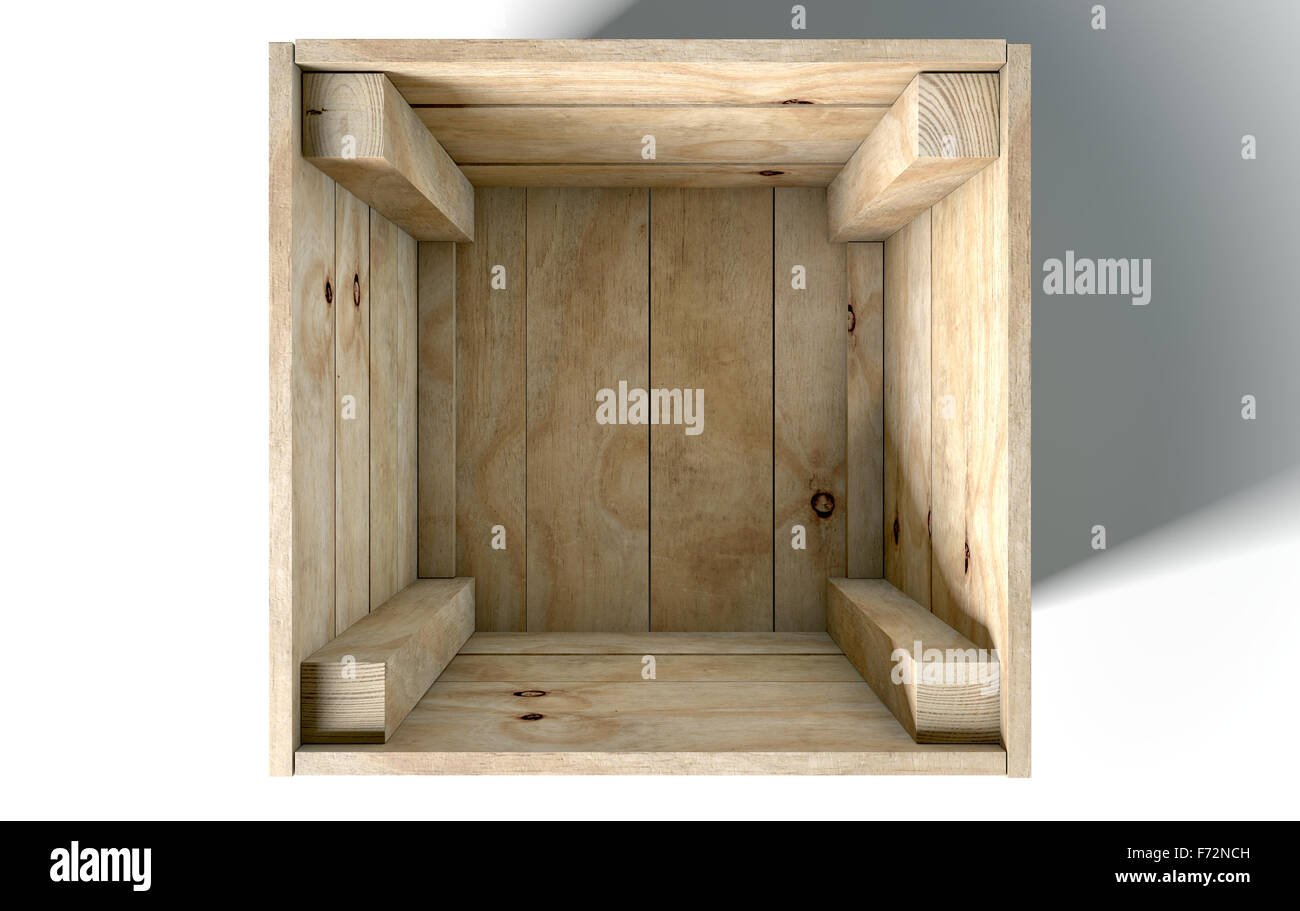 An open empty wooden box on an isolated white studio background Stock Photo