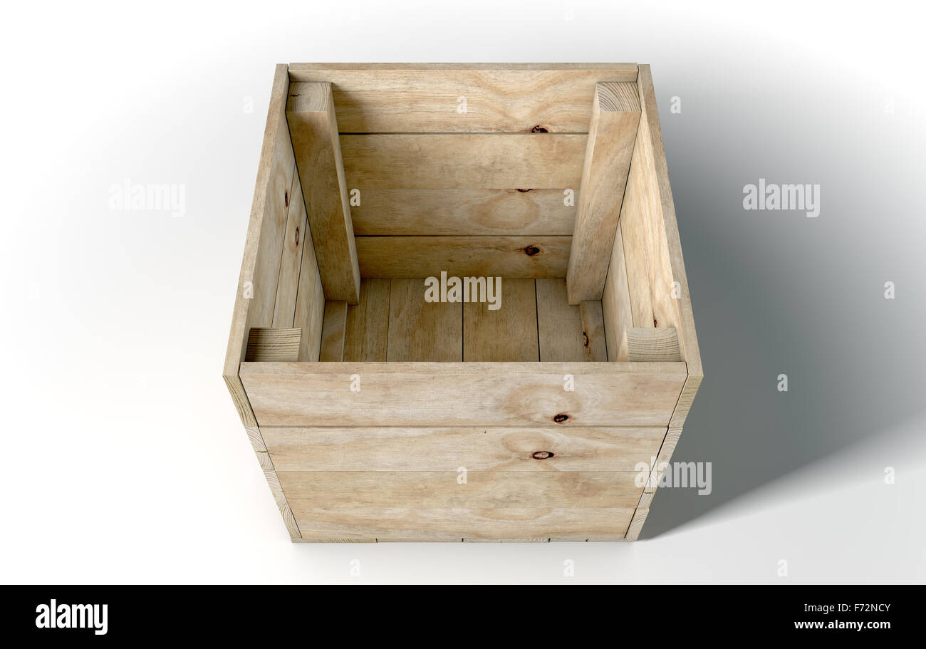An open empty wooden box on an isolated white studio background Stock Photo
