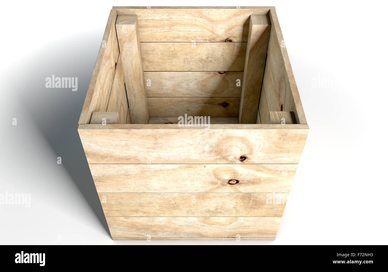 An open empty wooden box on an isolated white studio background Stock Photo