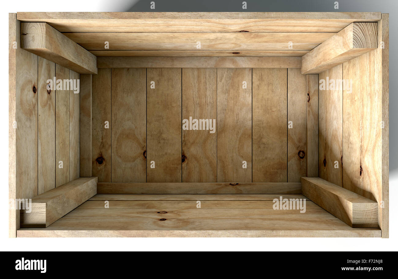 An open empty wooden box on an isolated white studio background Stock Photo