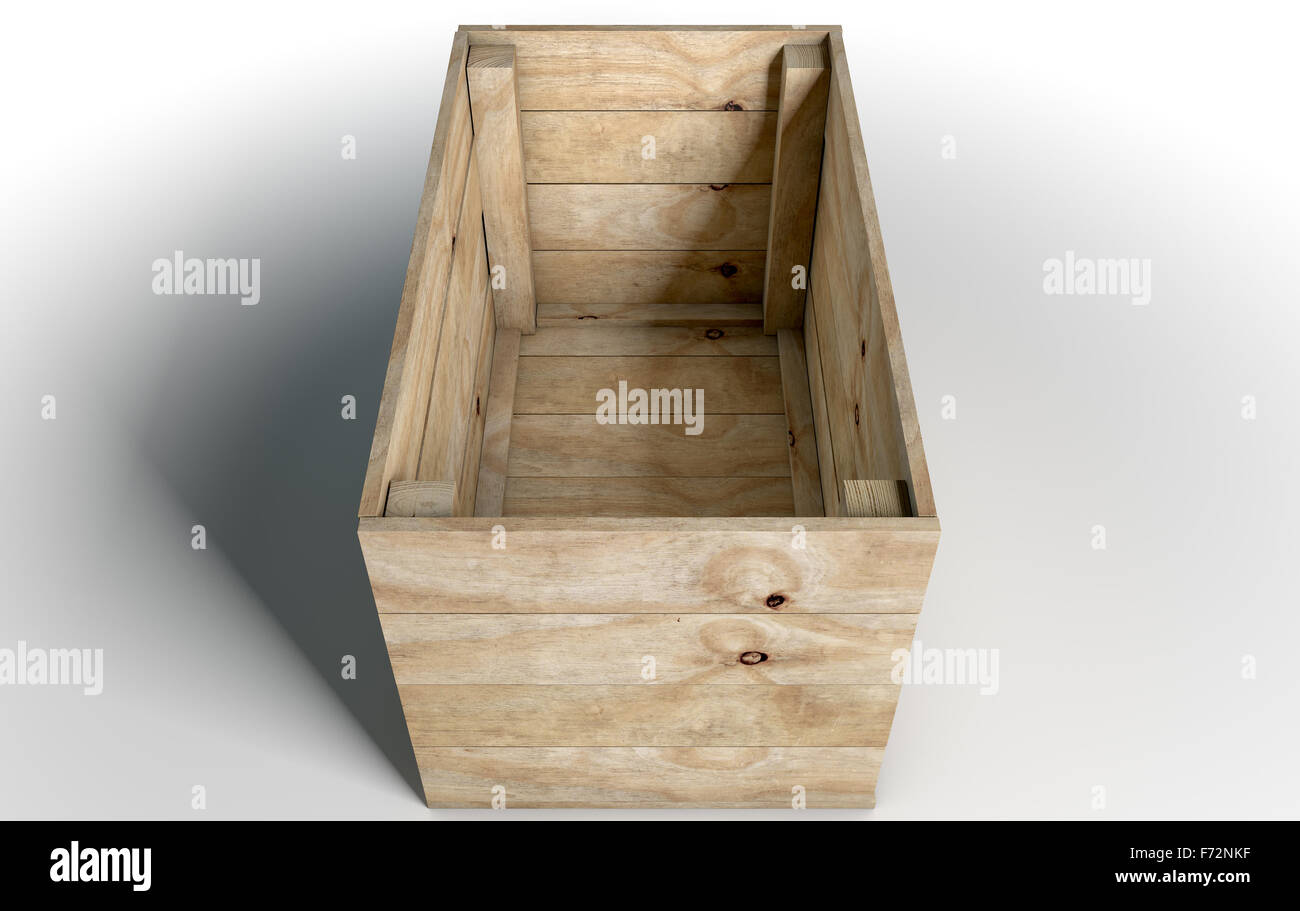 An open empty wooden box on an isolated white studio background Stock Photo