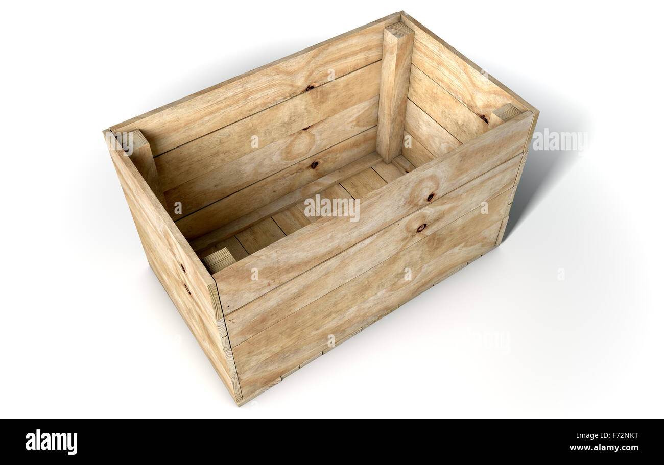 An open empty wooden box on an isolated white studio background Stock Photo