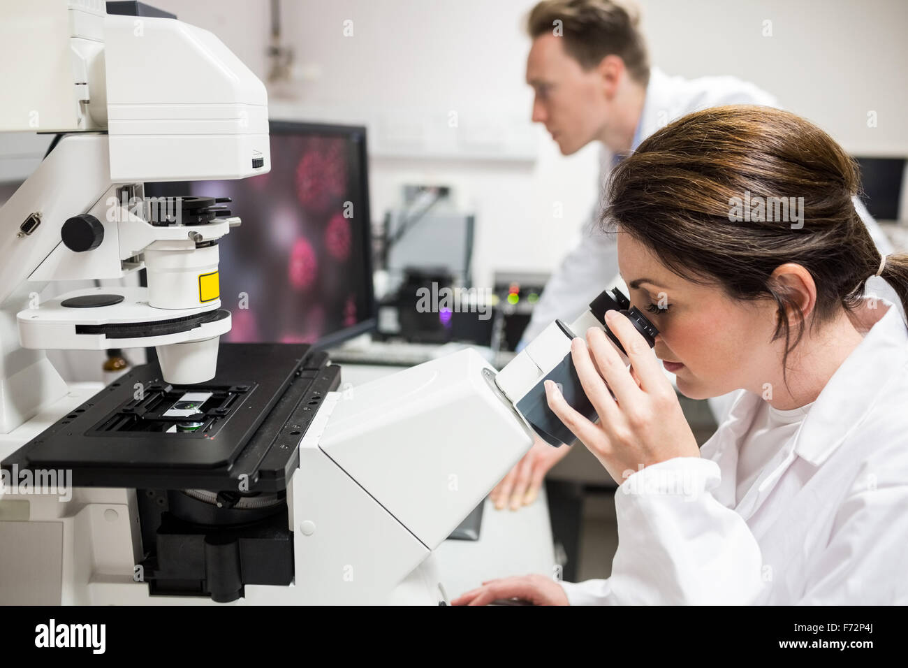 Scientist looking through a microscope Stock Photo