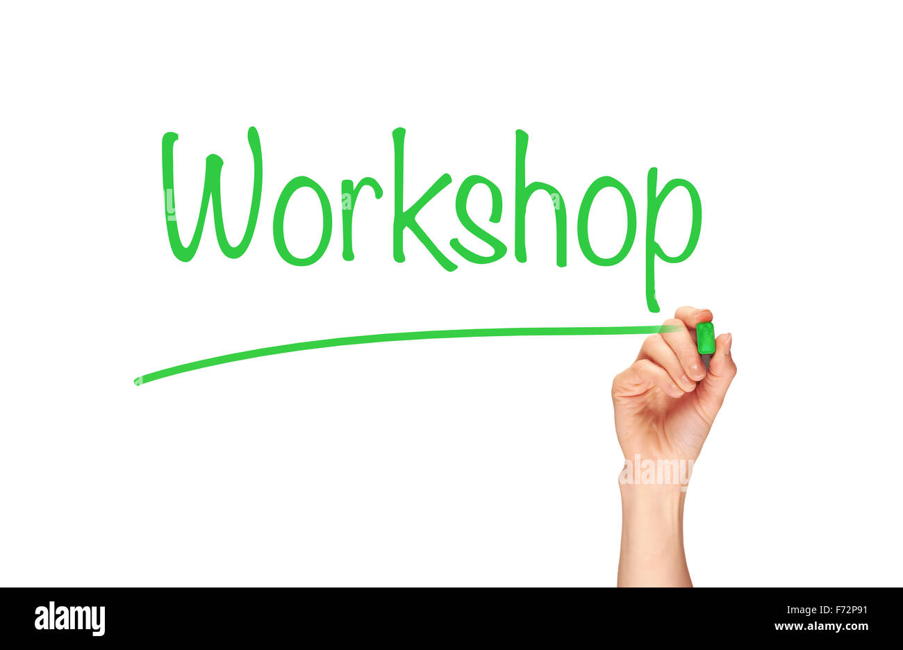 Workshop, written in marker on a clear screen. Stock Photo