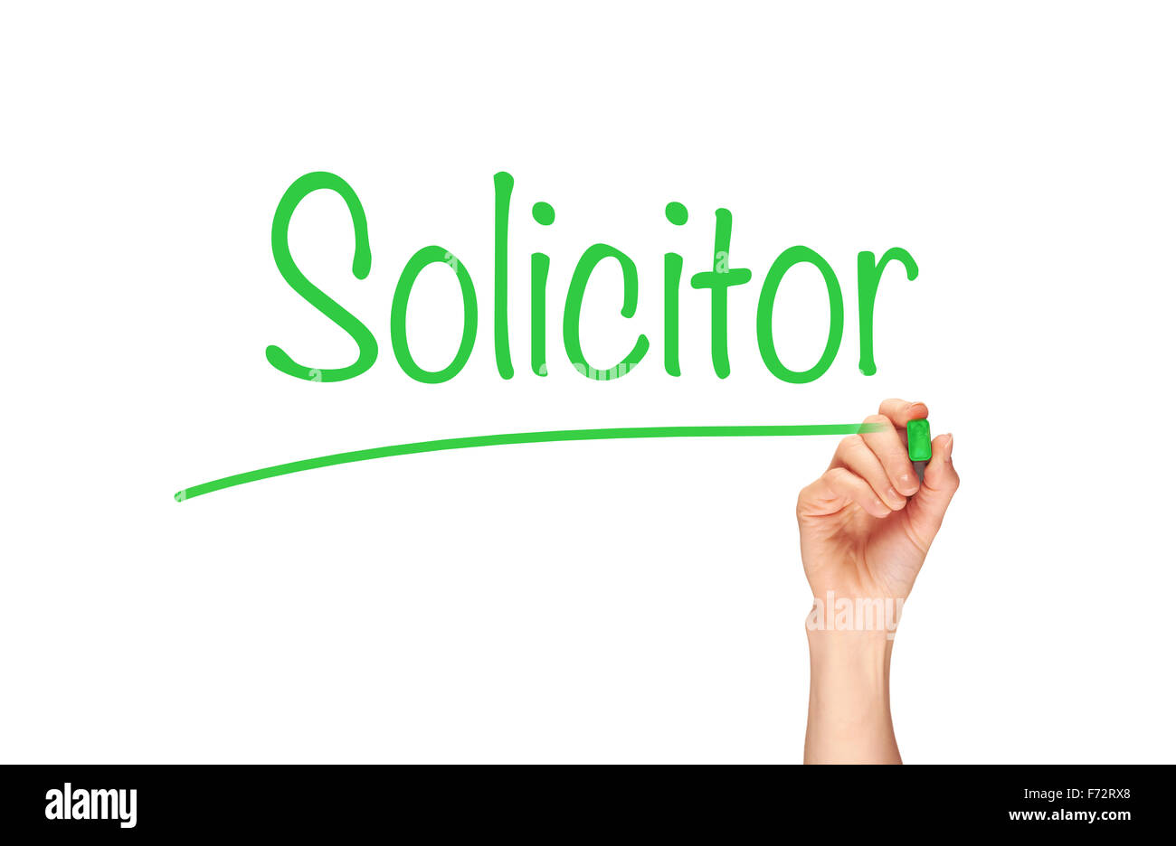 A woman's hand writing the word, Solicitor, on a clear screen. Stock Photo