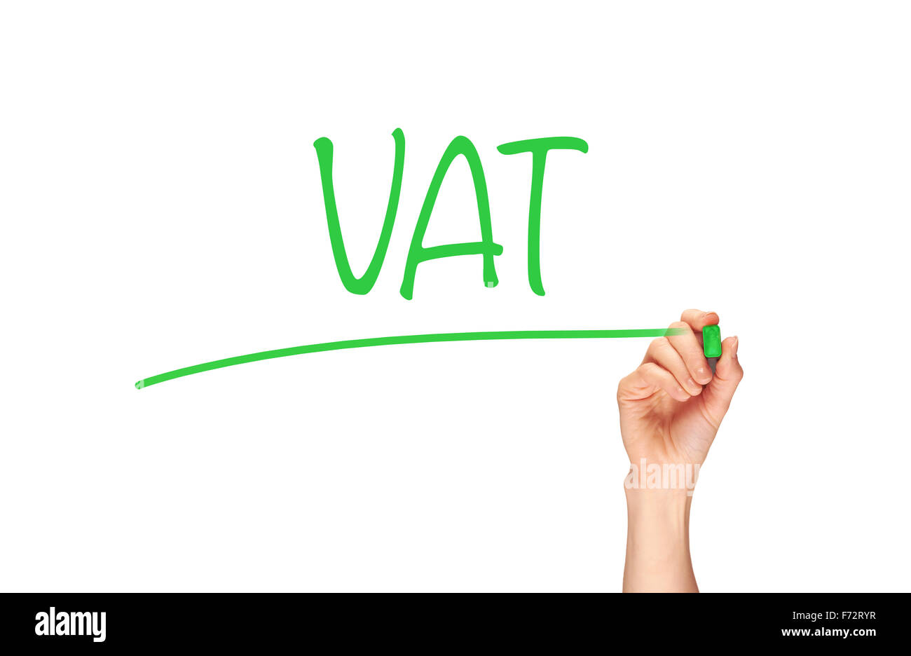 A woman's hand writing the word, VAT, on a clear screen. Stock Photo