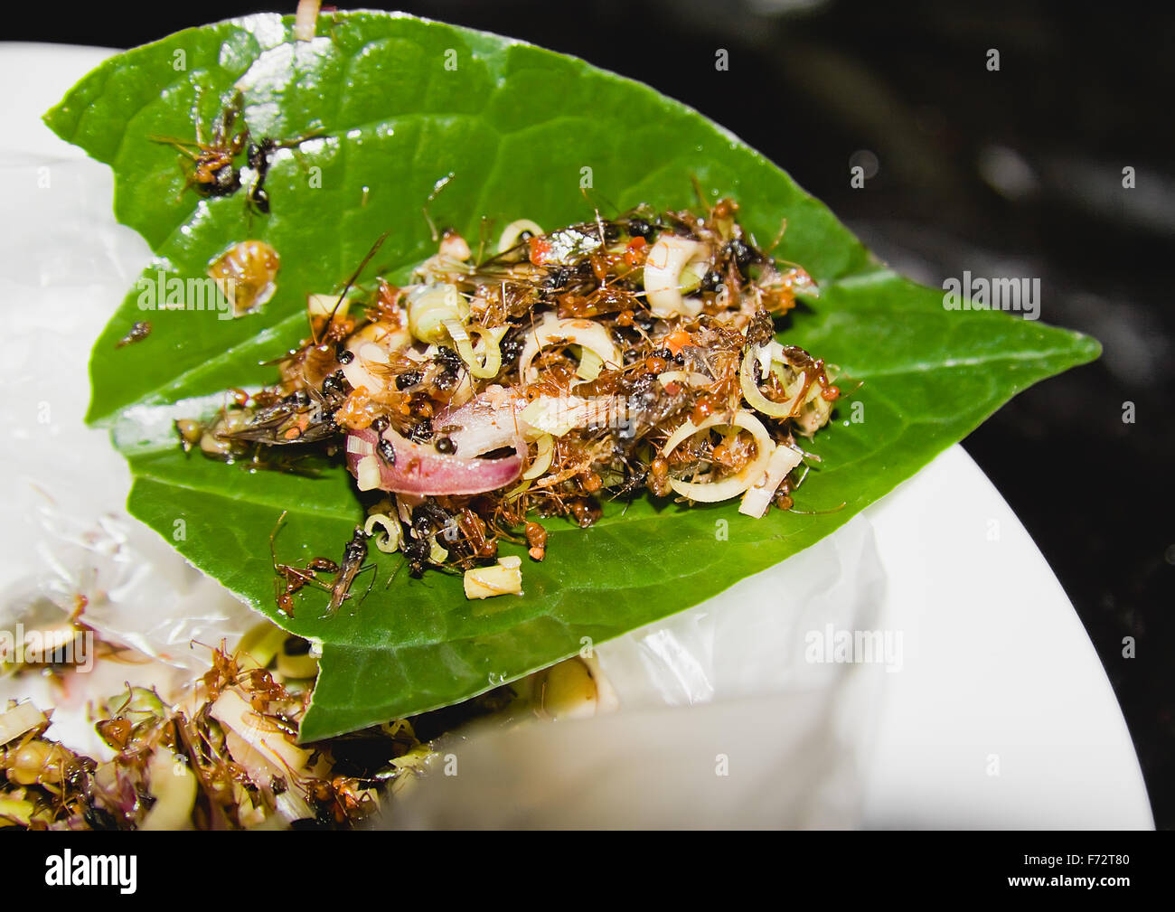 Image of edible fried ants and onion served on a herb leaf Stock Photo