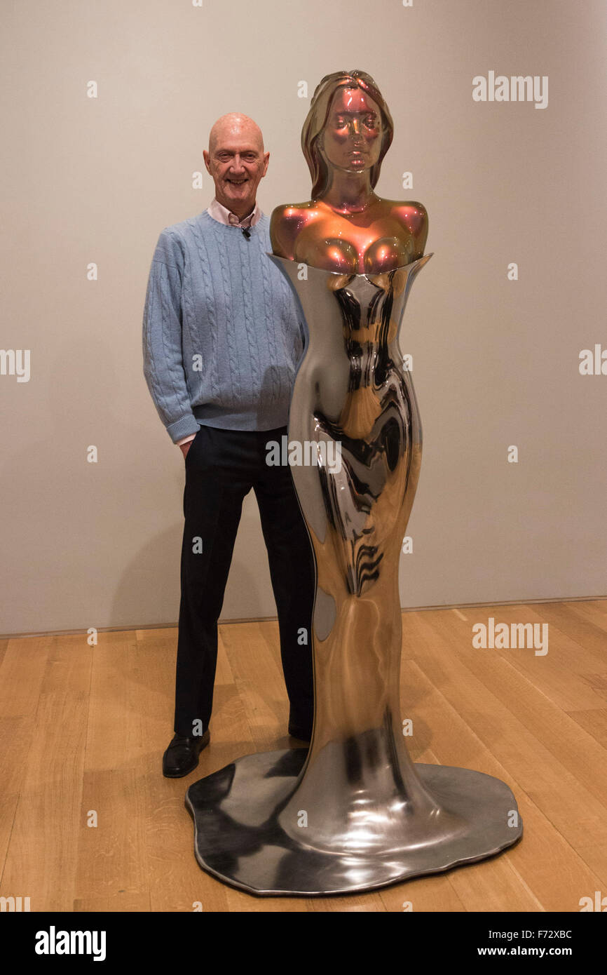 London, UK. 24 November 2015. Arist Allen Jones poses with his Kate Moss sculpture 'A Model Model', 2014-5.  Marlborough Fine Art present Colour Matters, an exhibition of new sculptural works by British artist Allen Jones. Jones first exhibited with Marlborough Fine Art in 1971, and this marks the fourth exhibition with the gallery. It runs from 25 November 2015 to 23 January 2016. Stock Photo